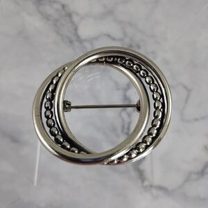 Vintage Beau Sterling Silver Brooch Pin Beaded Double Circle Design MCM